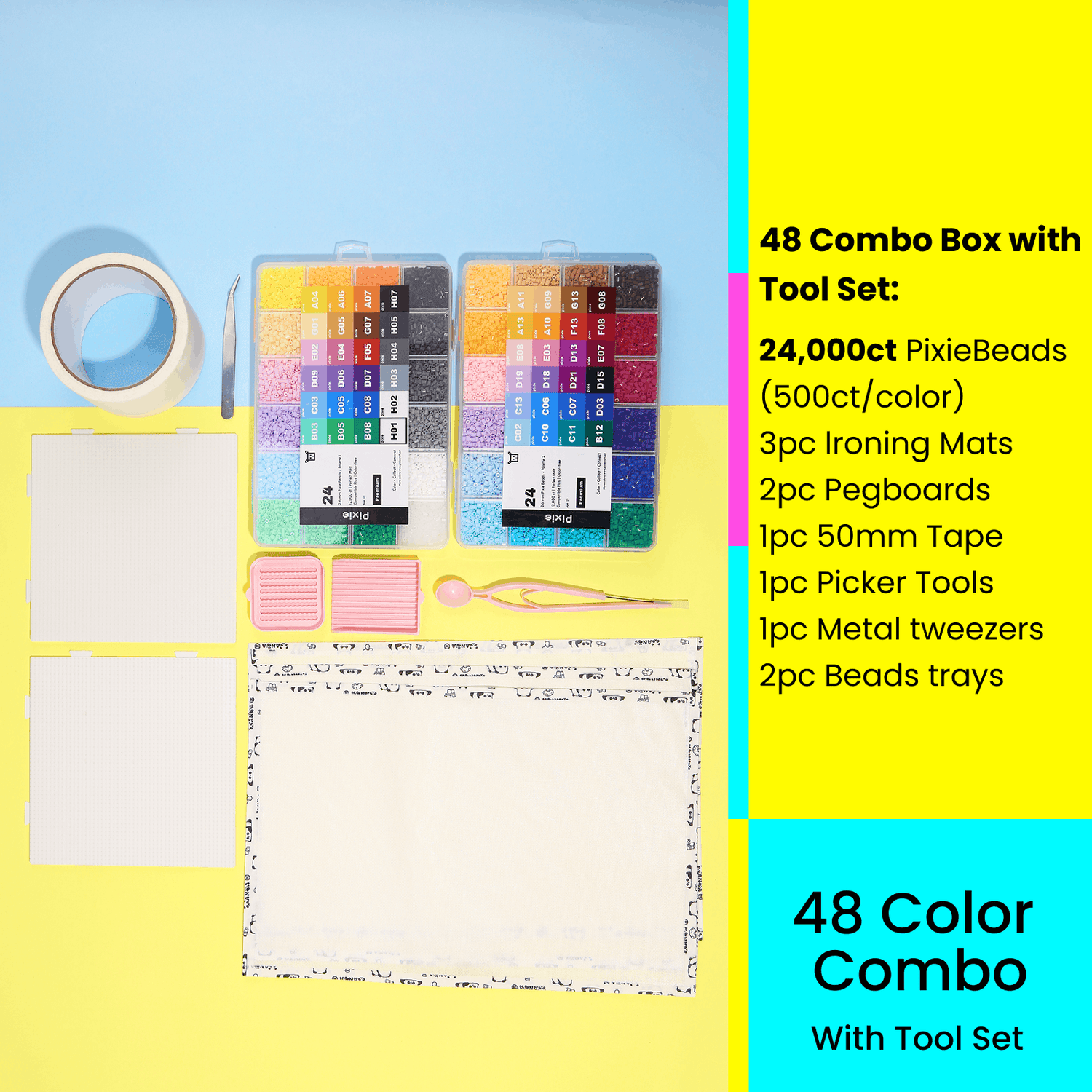 PixieBeads 48 Color Combo with Tool Set - 24,000ct 2.6mm Mini Fuse Beads | Melty Beads Craft Kit for Beginners