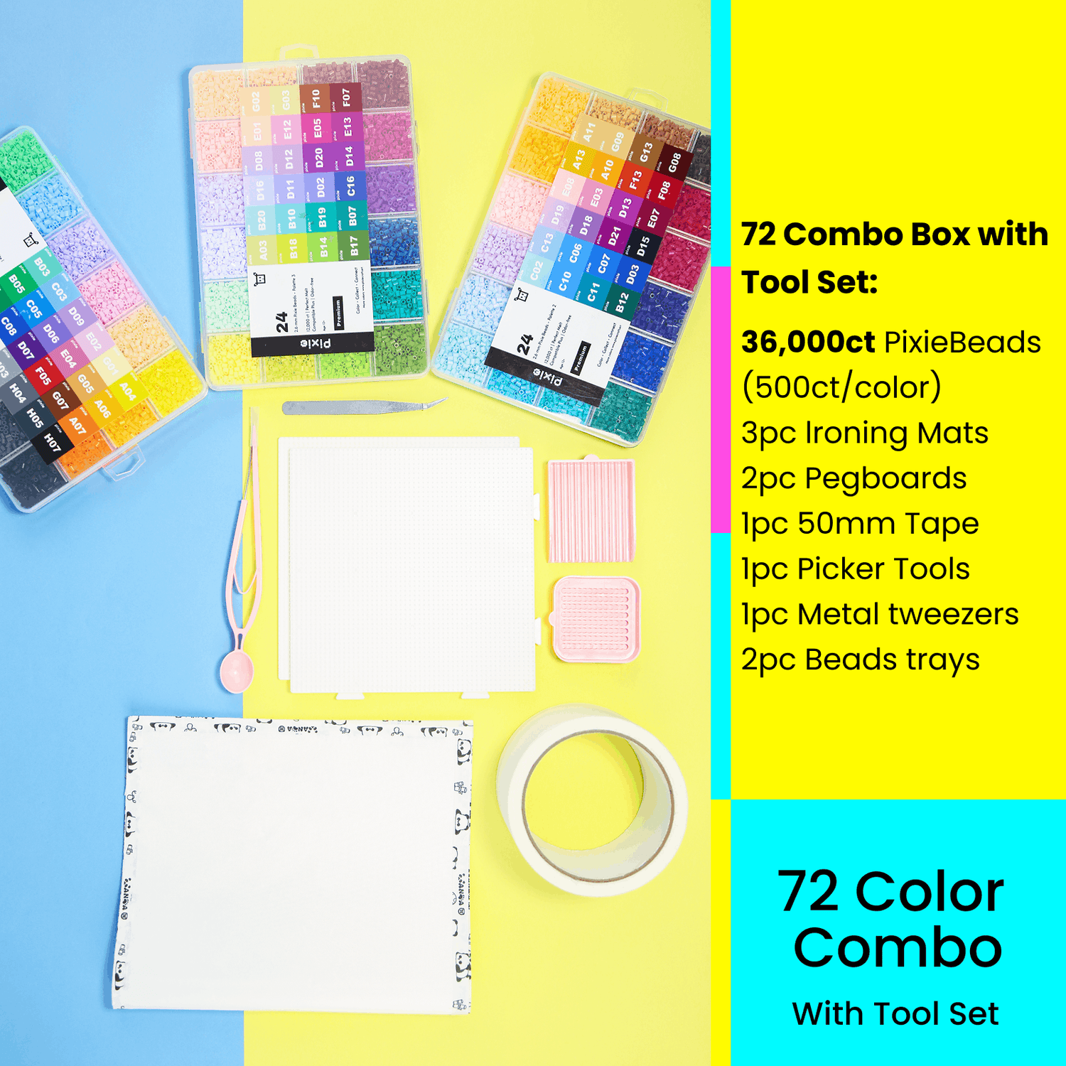 PixieBeads 72 Color Combo with Tool Set - 36,000ct 2.6mm Mini Fuse Beads | Fuse Bead Kit with Iron Beads Craft Tools