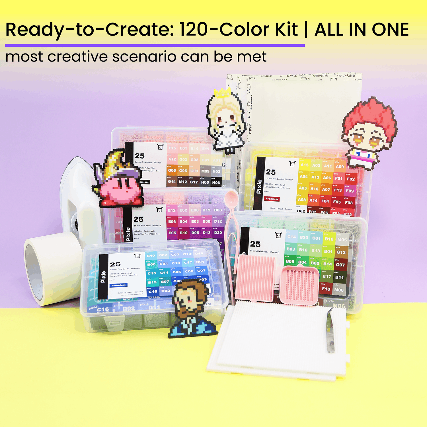 PixieBeads 120 Premium Combo Cube All-in-One Kit (New Edition) - 2.6mm Mini Fuse Beads with Iron & Tools | Melty Beads Craft Kit for Pixel Art