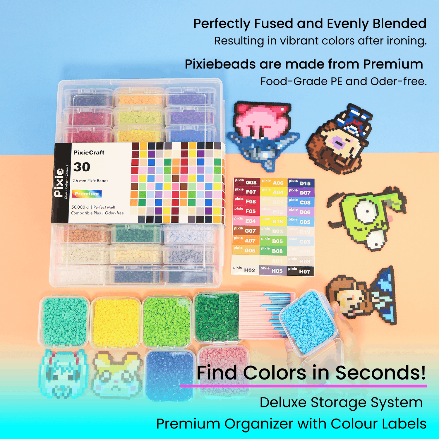 Deluxe Starter Set All-in-One (30 Colors, 30,000ct) - 2.6mm Mini Fuse Beads Kit with Tools | PixieBeads Kit for Beginners & Adults