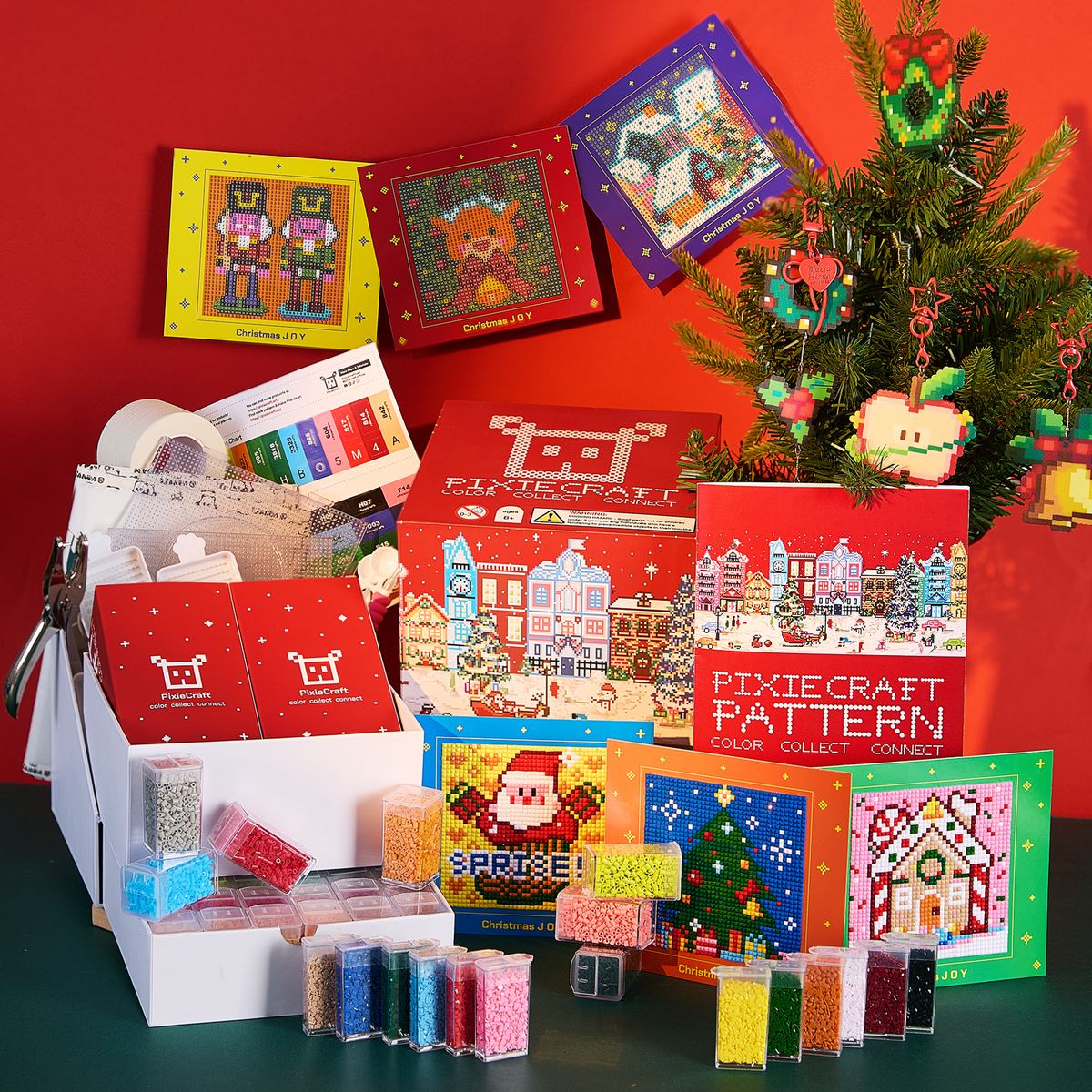 PixieCraft Christmas Craft Gift Set, 108 pcs Festive Craft Box, 30 Colors 2.6mm Fuse Beads & 12 Colors Diamond Painting Kit with Original Pattern Book, 6 Christmas Cards, 2 Pegboards, Tools, KeyChains, Christmas Gift for Adults, Teens, Kids