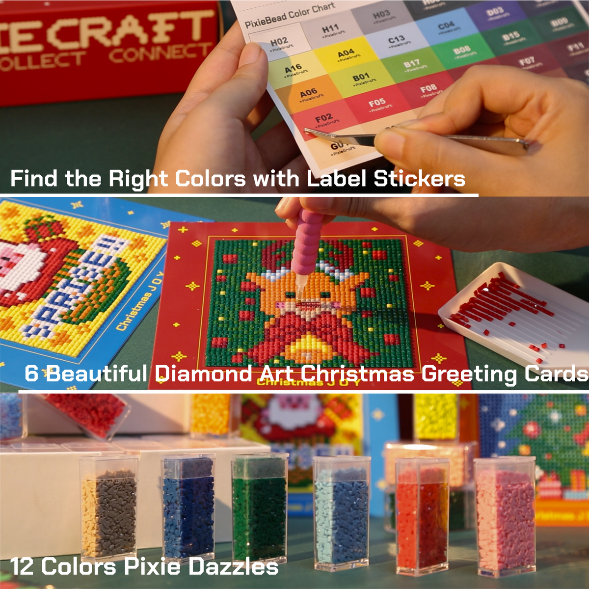 PixieCraft Christmas Craft Gift Set, 108 pcs Festive Craft Box, 30 Colors 2.6mm Fuse Beads & 12 Colors Diamond Painting Kit with Original Pattern Book, 6 Christmas Cards, 2 Pegboards, Tools, KeyChains, Christmas Gift for Adults, Teens, Kids