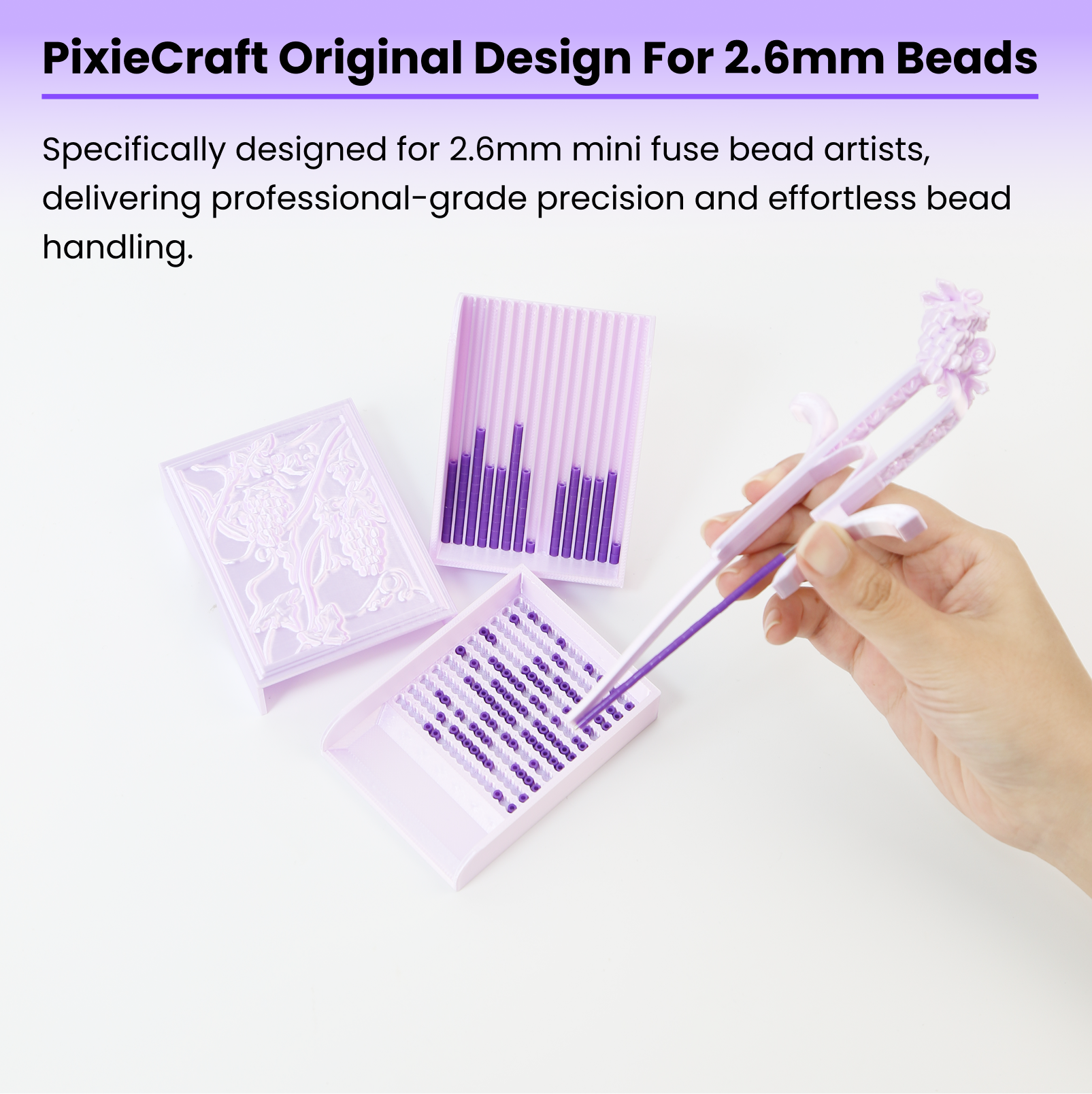 PixieCraft Grape Purple PixieBeads Picker Tool Set – Original Grape Vine Design with 2.6mm Bead Tray, Single Needle Pen and Dual Grape Leaf Scoops