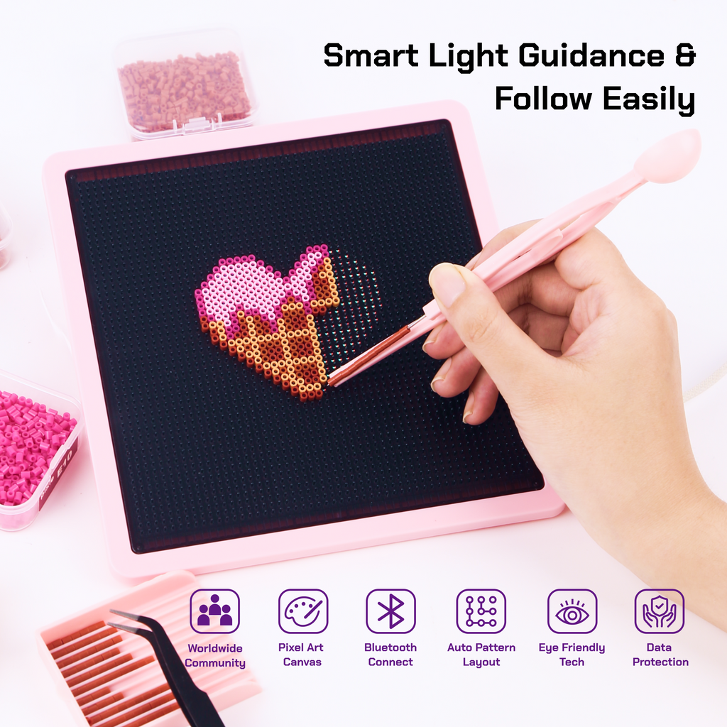 PixieCraft 52 x 52 & 104 x 104 Black Smart Pegboard for 2.6mm Fuse Beads, Eye-Friendly LED Pixel Art Board with Bluetooth, Compatible with PixieCraft Design App, Photo-to-Pattern, 2mm Stable Pins, Matte Finish