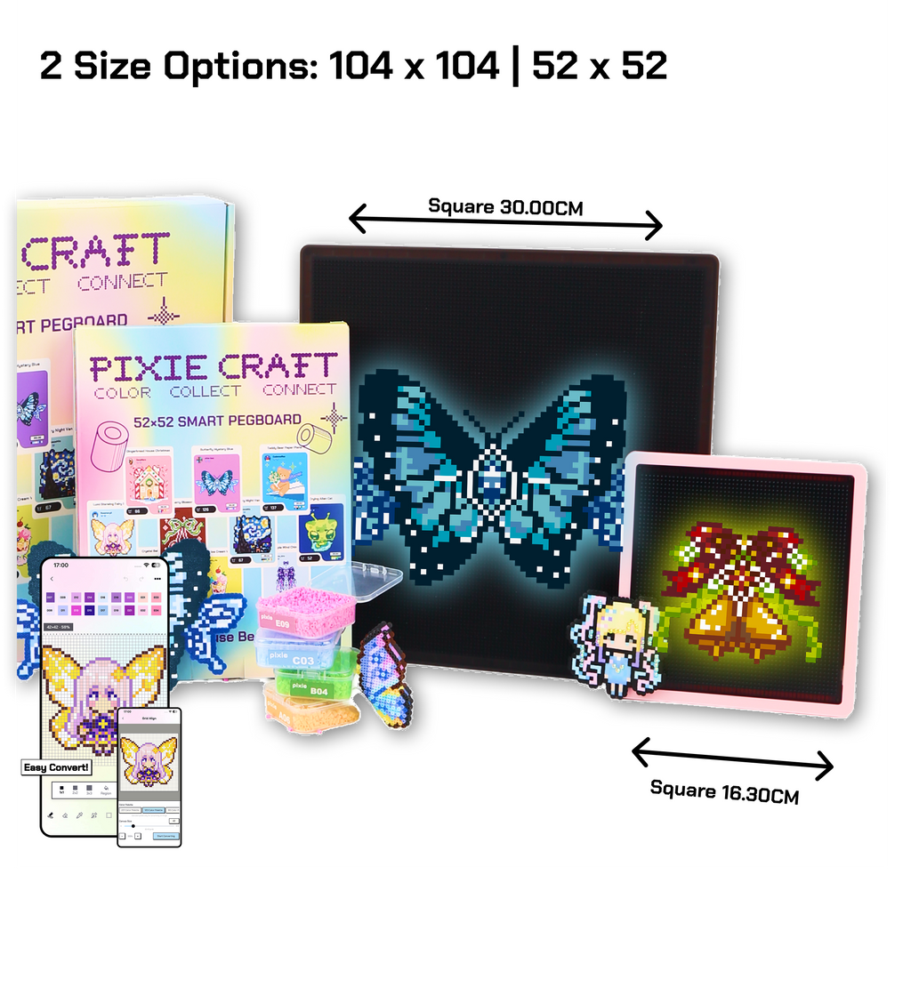 PixieCraft 52 x 52 & 104 x 104 Black Smart Pegboard for 2.6mm Fuse Beads, Eye-Friendly LED Pixel Art Board with Bluetooth, Compatible with PixieCraft Design App, Photo-to-Pattern, 2mm Stable Pins, Matte Finish