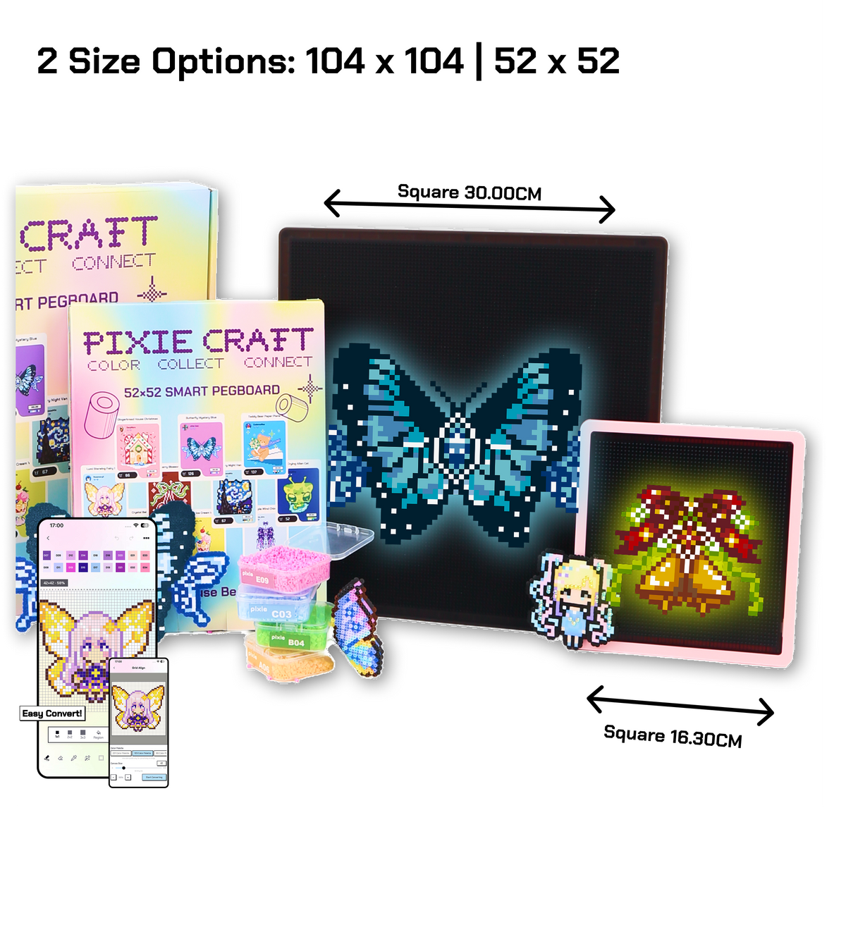 PixieCraft 52 x 52 & 104 x 104 Black Smart Pegboard for 2.6mm Fuse Beads, Eye-Friendly LED Pixel Art Board with Bluetooth, Compatible with PixieCraft Design App, Photo-to-Pattern, 2mm Stable Pins, Matte Finish