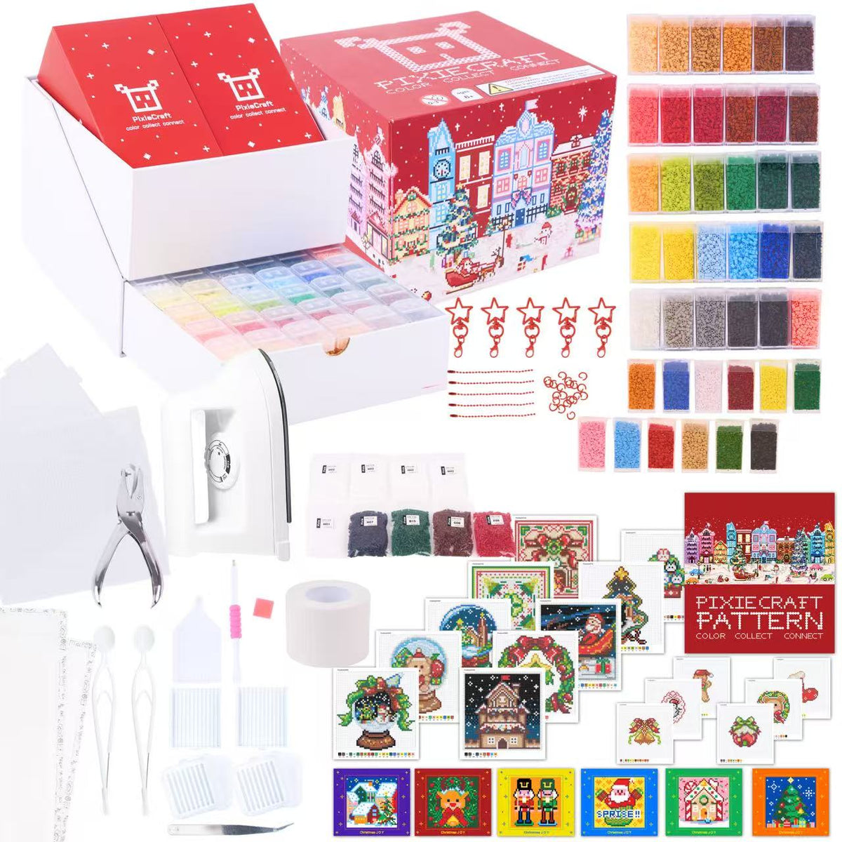 PixieCraft Christmas Craft Gift Set with White Iron, 109 pcs All-in-One Craft Box, 30 Colors 2.6mm Fuse Beads & 12 Colors Diamond Painting Kit with Original Pattern Book, 6 Christmas Cards, 2 Pegboards, Tools, Christmas Gift for Adults, Teens, Kids