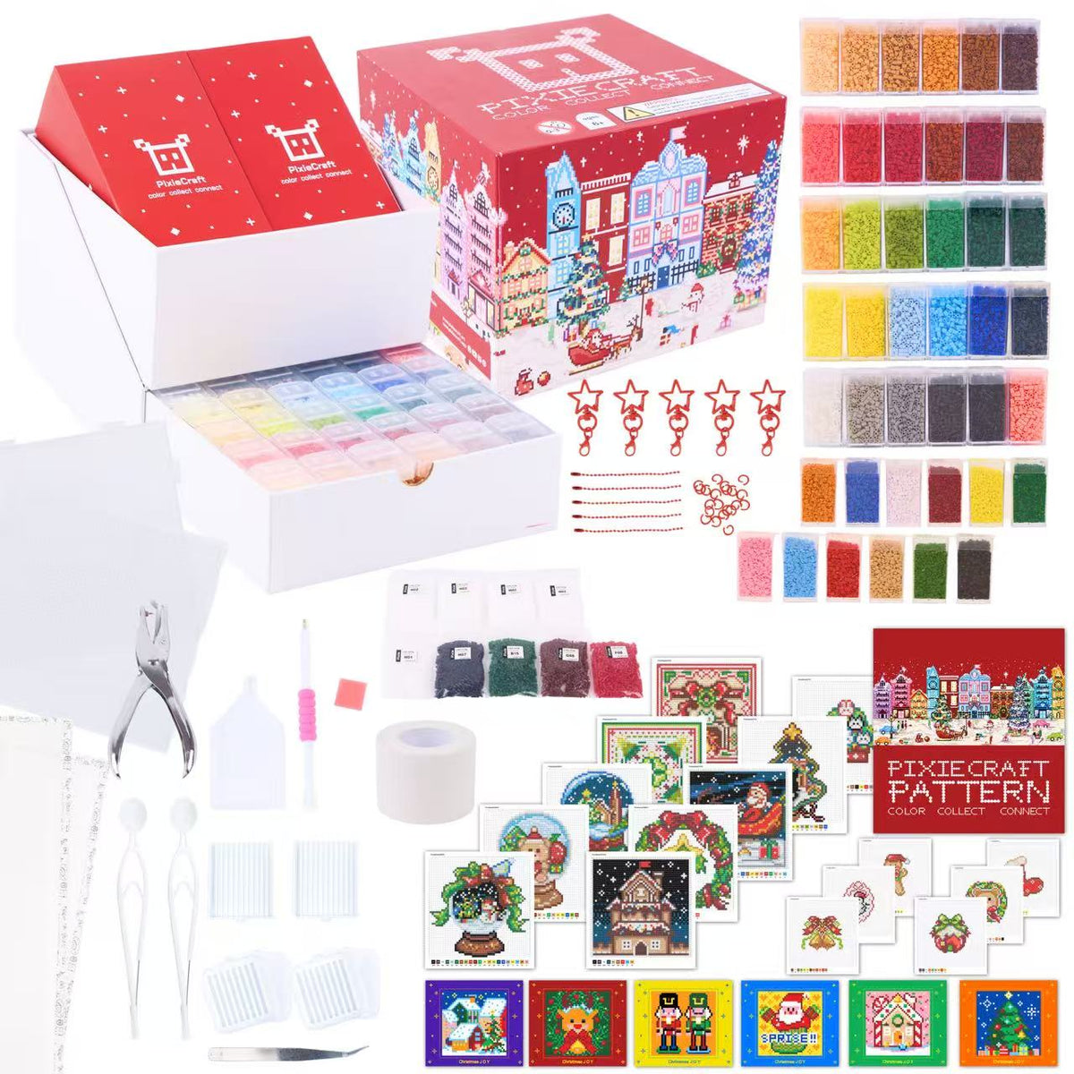PixieCraft Christmas Craft Gift Set, 108 pcs Festive Craft Box, 30 Colors 2.6mm Fuse Beads & 12 Colors Diamond Painting Kit with Original Pattern Book, 6 Christmas Cards, 2 Pegboards, Tools, KeyChains, Christmas Gift for Adults, Teens, Kids