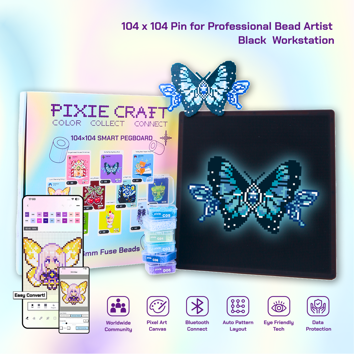 PixieCraft 52 x 52 & 104 x 104 Black Smart Pegboard for 2.6mm Fuse Beads, Eye-Friendly LED Pixel Art Board with Bluetooth, Compatible with PixieCraft Design App, Photo-to-Pattern, 2mm Stable Pins, Matte Finish