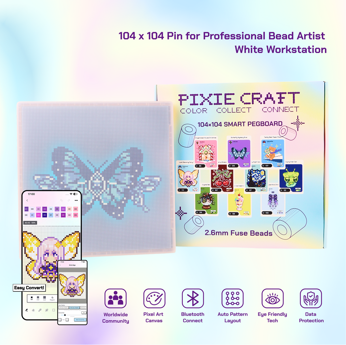 PixieCraft 52 x 52 & 104 x 104 Black Smart Pegboard for 2.6mm Fuse Beads, Eye-Friendly LED Pixel Art Board with Bluetooth, Compatible with PixieCraft Design App, Photo-to-Pattern, 2mm Stable Pins, Matte Finish