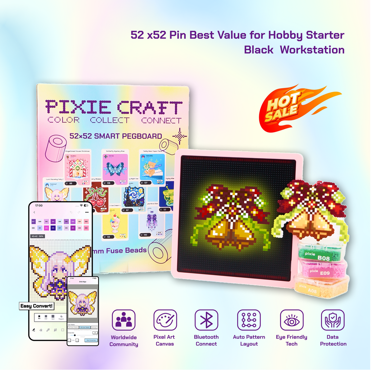 PixieCraft 52 x 52 & 104 x 104 Black Smart Pegboard for 2.6mm Fuse Beads, Eye-Friendly LED Pixel Art Board with Bluetooth, Compatible with PixieCraft Design App, Photo-to-Pattern, 2mm Stable Pins, Matte Finish