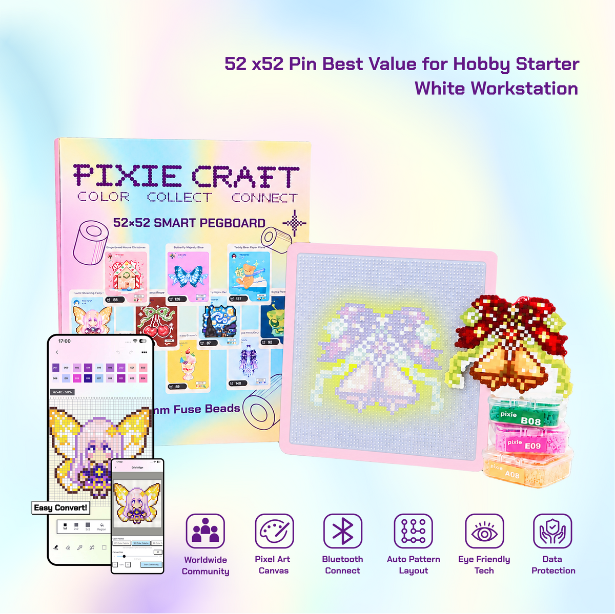 PixieCraft 52 x 52 & 104 x 104 Black Smart Pegboard for 2.6mm Fuse Beads, Eye-Friendly LED Pixel Art Board with Bluetooth, Compatible with PixieCraft Design App, Photo-to-Pattern, 2mm Stable Pins, Matte Finish