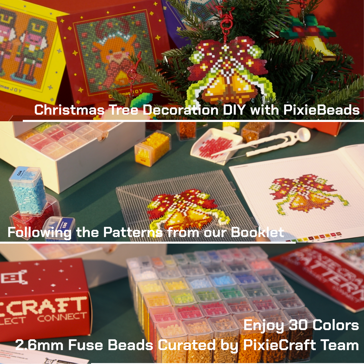 PixieCraft Christmas Craft Gift Set, 108 pcs Festive Craft Box, 30 Colors 2.6mm Fuse Beads & 12 Colors Diamond Painting Kit with Original Pattern Book, 6 Christmas Cards, 2 Pegboards, Tools, KeyChains, Christmas Gift for Adults, Teens, Kids