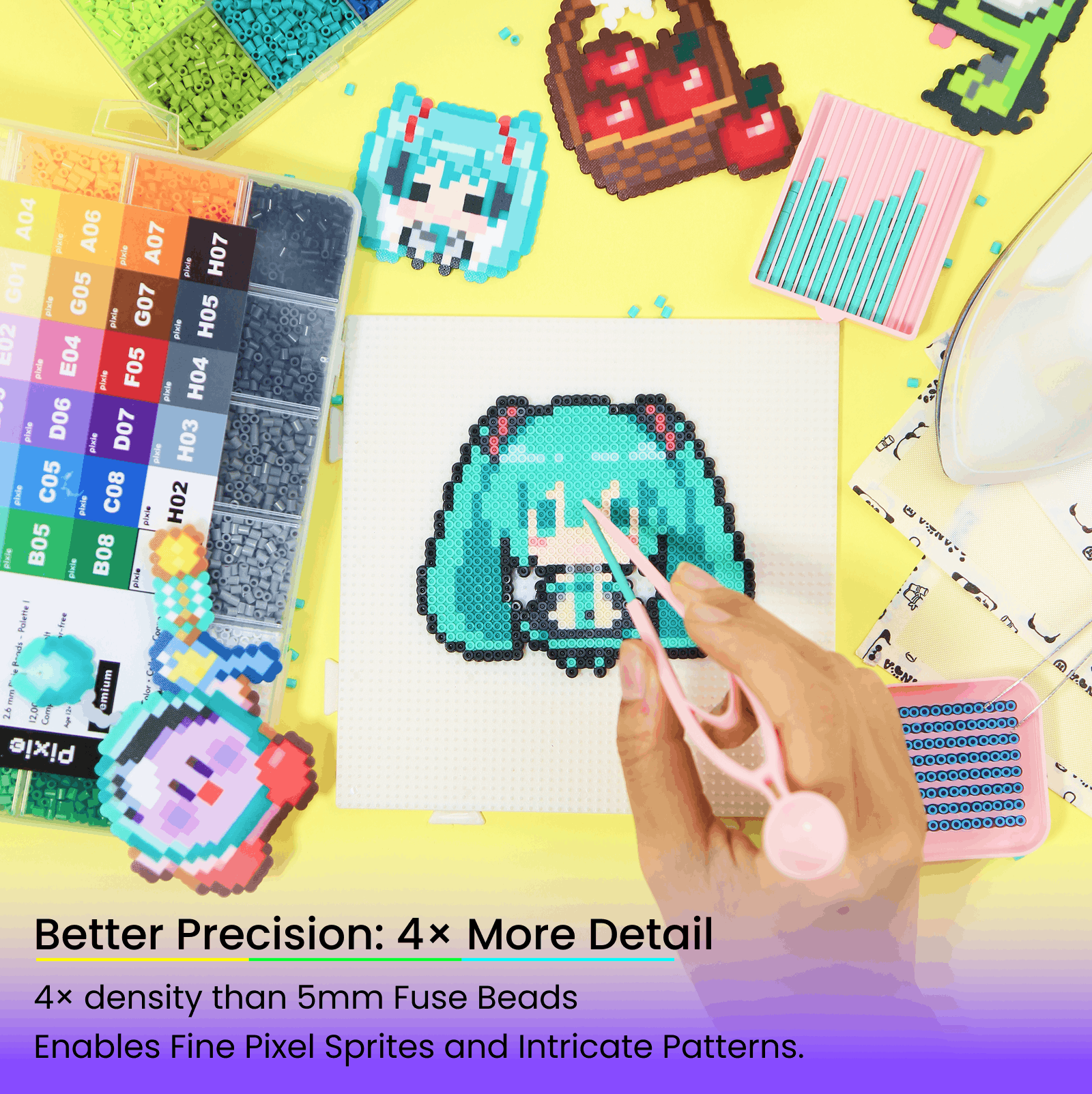 PixieBeads 48 Color All-in-One Kit - 24,000ct 2.6mm Mini Fuse Beads with Iron & Tools | Complete PixieBeads Kit for Beginners & Adults