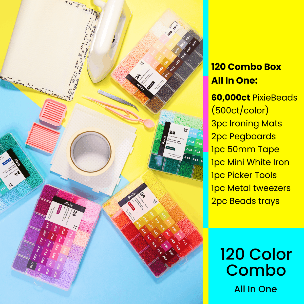 PixieBeads 120 Color All - in - One Starter Kit - 60,000ct 2.6mm Mini Fuse Beads with Iron & Tools | Complete PixieBeads Kit for Beginners & Adults - PixieCraft