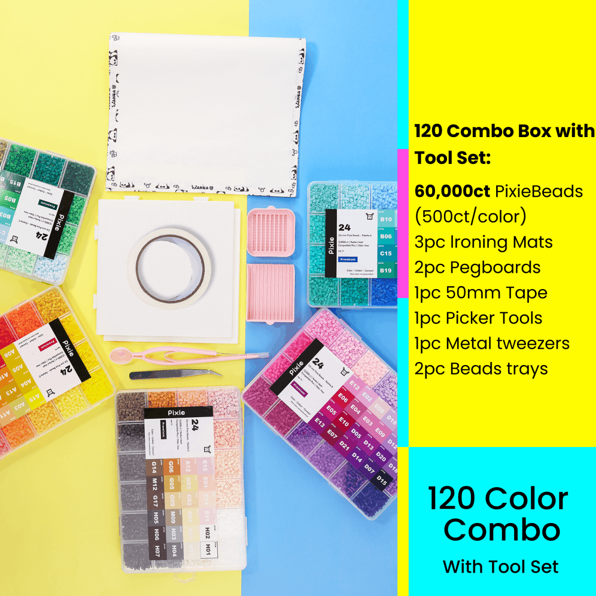 PixieBeads 120 Color All - in - One Starter Kit - 60,000ct 2.6mm Mini Fuse Beads with Iron & Tools | Complete PixieBeads Kit for Beginners & Adults - PixieCraft
