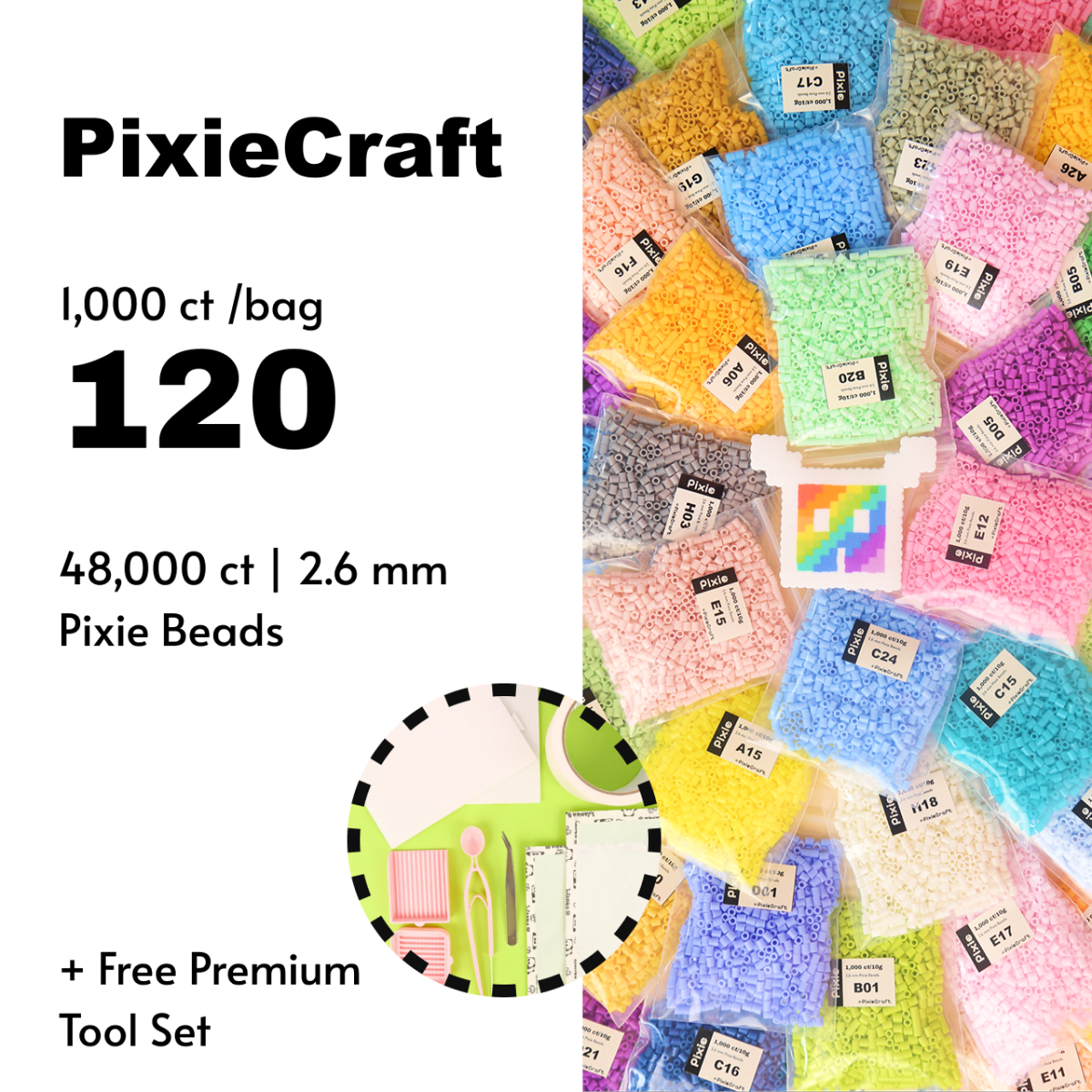 PixieBeads 120 - Color Fuse Beads Mega Kit 120,000 Pcs – 2.6mm Perler Beads with Pegboard Tweezers & Ironing Paper, Ultimate Pixel Art Melting Bead Collection for Kids & Adults Pixel Art DIY - PixieCraft