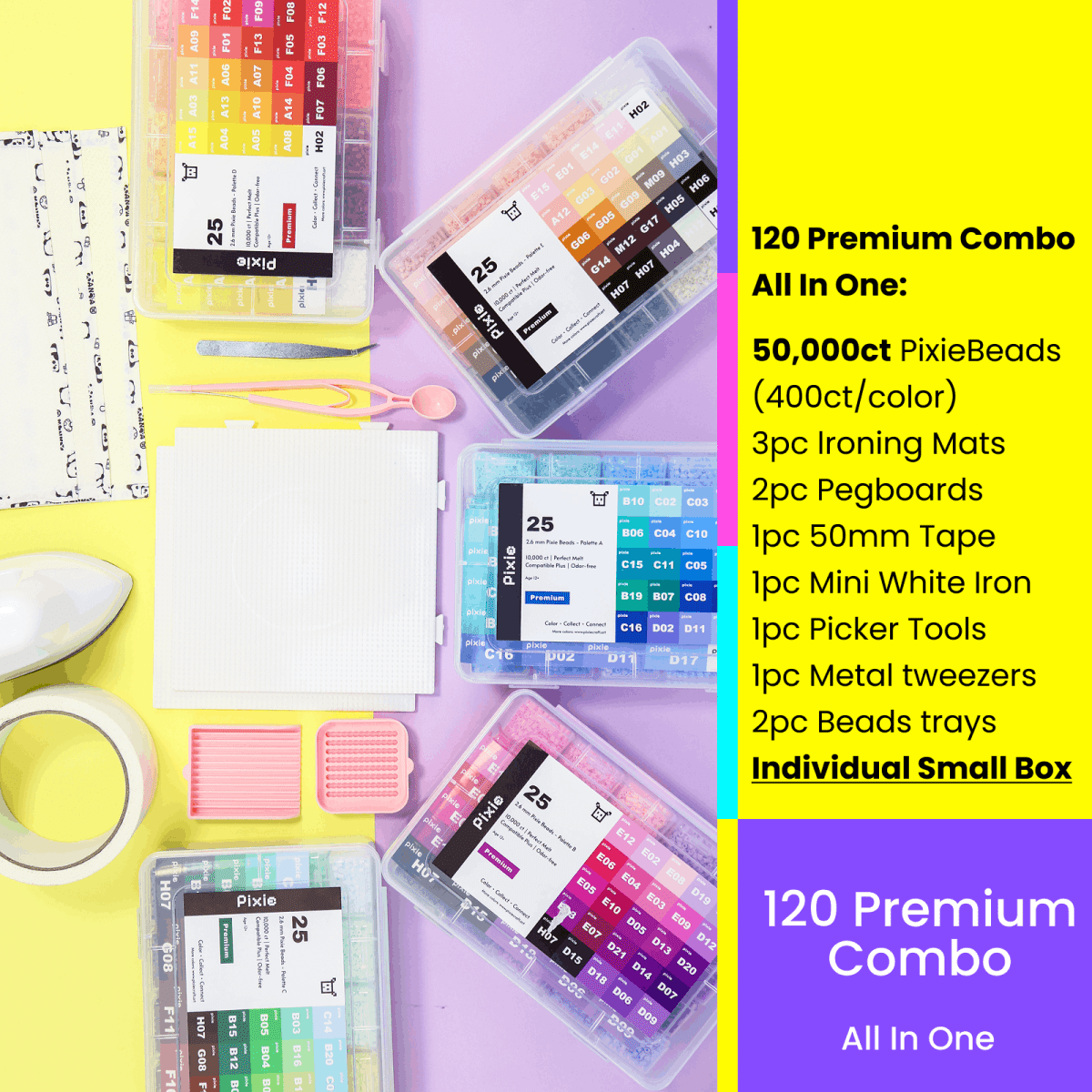 PixieBeads 120 Premium Combo Cube All - in - One Kit (New Edition) - 2.6mm Mini Fuse Beads with Iron & Tools | Melty Beads Craft Kit for Pixel Art - PixieCraft