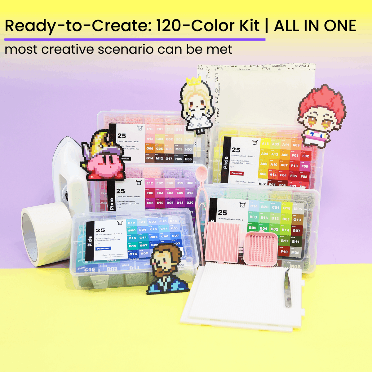 PixieBeads 120 Premium Combo Cube All - in - One Kit (New Edition) - 2.6mm Mini Fuse Beads with Iron & Tools | Melty Beads Craft Kit for Pixel Art - PixieCraft