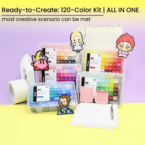 PixieBeads 120 Premium Combo Cube All - in - One Kit (New Edition) - 2.6mm Mini Fuse Beads with Iron & Tools | Melty Beads Craft Kit for Pixel Art - PixieCraft