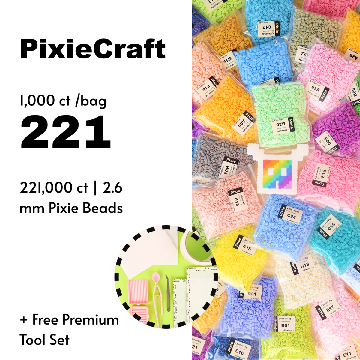 PixieBeads 221-Color Bulk-Refill 221,000 Pcs – 2.6mm Fuse Beads Set, Full Spectrum Pro Bead Set for Studio Pixel Art Mosaics & Gift - PixieCraft