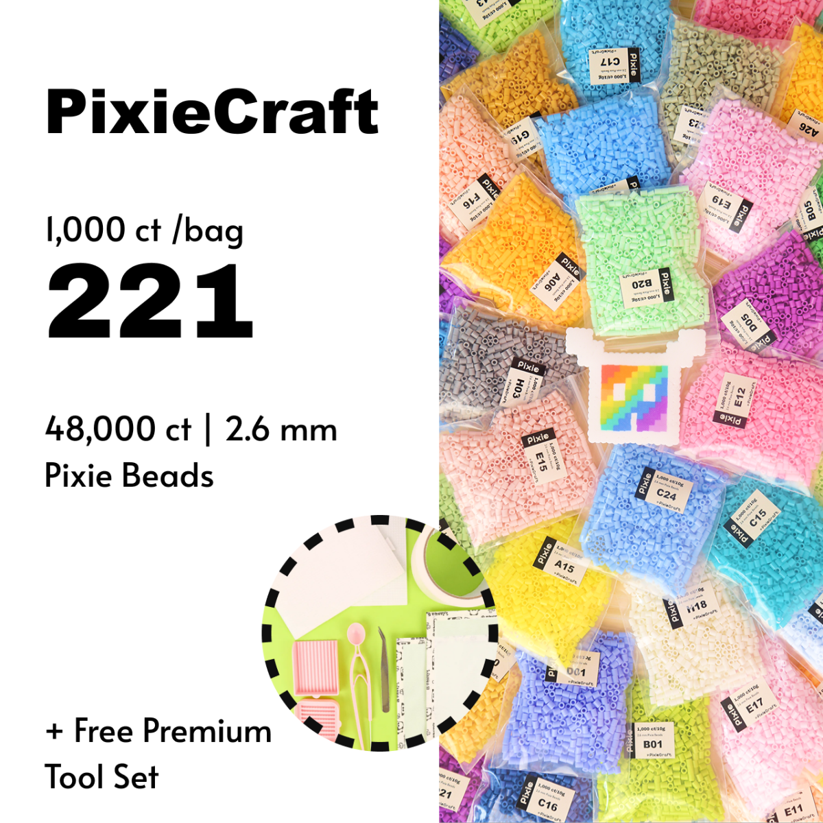PixieBeads 221 - Color Fuse Beads Grand Collection 221,000 Pcs – 2.6mm Perler Beads with Tools, Full Spectrum Pro Bead Set for Studio Pixel Art Mosaics & Gift - PixieCraft