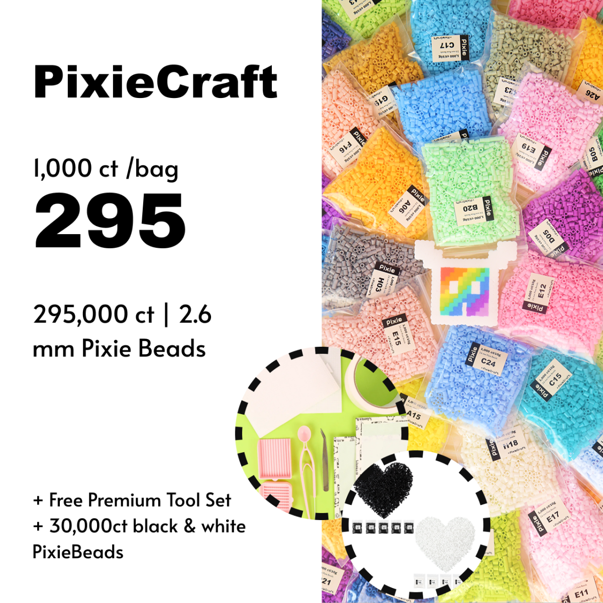 PixieBeads 295-Color Bulk Refill Set – 295,000 Pcs 2.6mm Fuse Beads Full Color Range, Bonus 3 Packs Black & 3 Packs White, Ultimate Pixel Art Bead Collector Set - PixieCraft