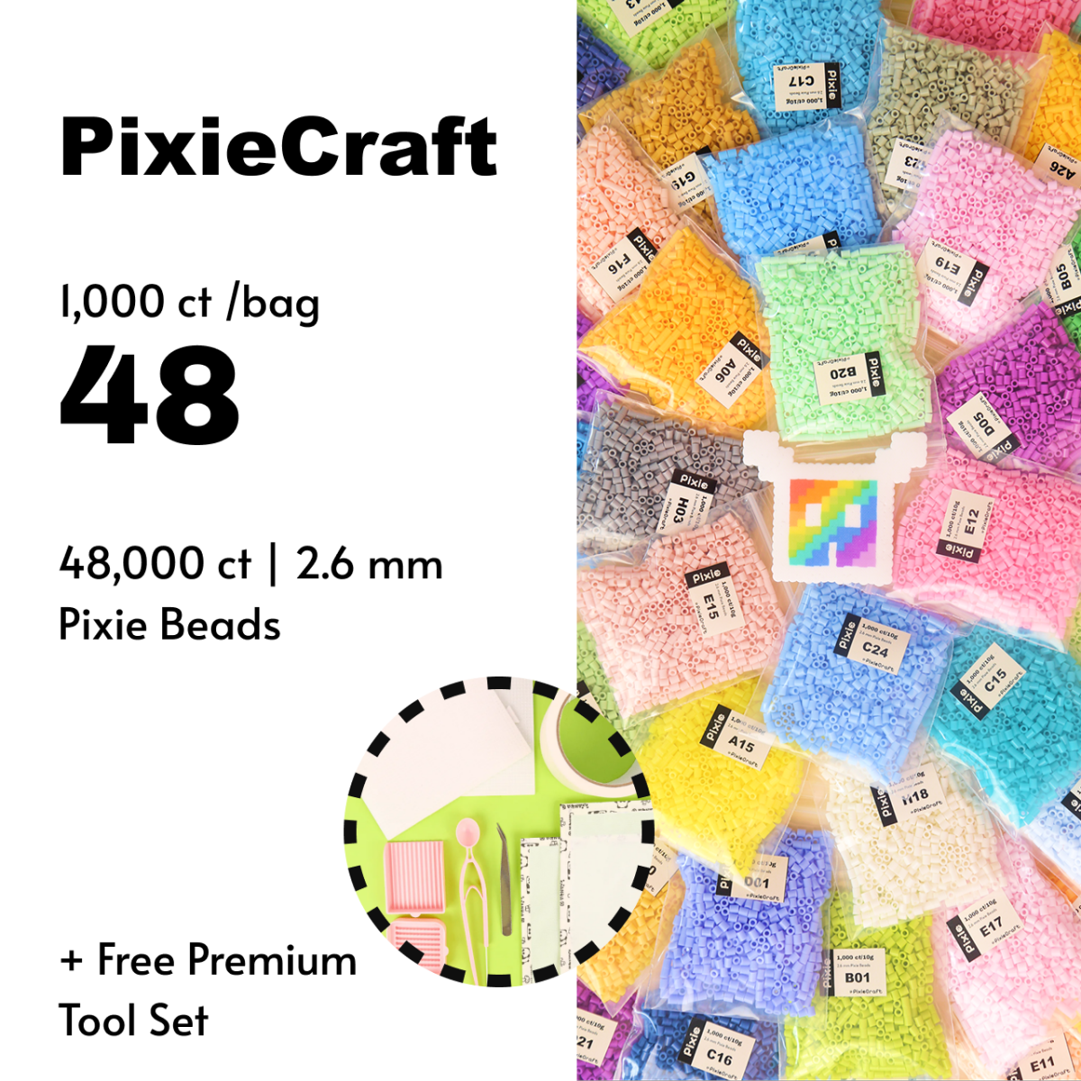 PixieBeads 48 - Color Fuse Beads Kit 48,000 Pcs – 2.6mm Perler Beads with Pegboard Tweezers & Ironing Paper, Premium Melting Beads Starter Kit for Kids & Adults Pixel Art DIY - PixieCraft