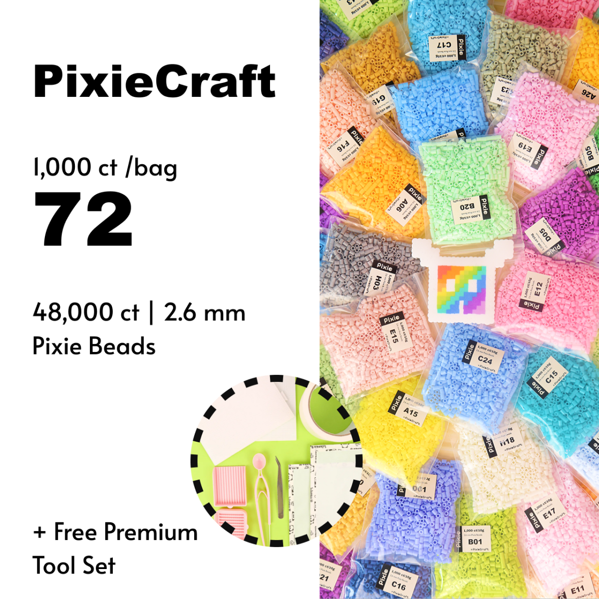 PixieBeads 72 - Color Fuse Beads Kit 72,000 Pcs – 2.6mm Perler Beads with Pegboard Tweezers & Ironing Paper, Premium Melting Beads Starter Kit for Kids & Adults Pixel Art DIY - PixieCraft