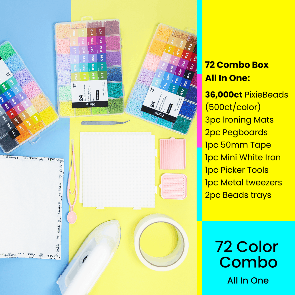 PixieBeads 72 Color Starter Combo All - in - One - 36,000ct 2.6mm Mini Fuse Beads with Iron & Tools | Complete PixieBeads Kit for Beginners & Adults - PixieCraft