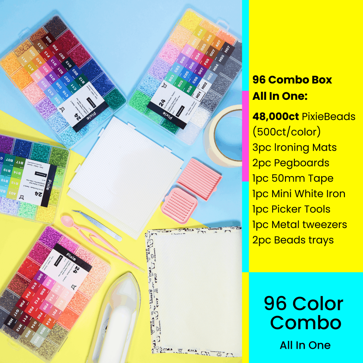PixieBeads 96 Color All - in - One Kit - 48,000ct 2.6mm Mini Fuse Beads with Iron & Tools | Complete PixieBeads Kit for Beginners & Adults - PixieCraft