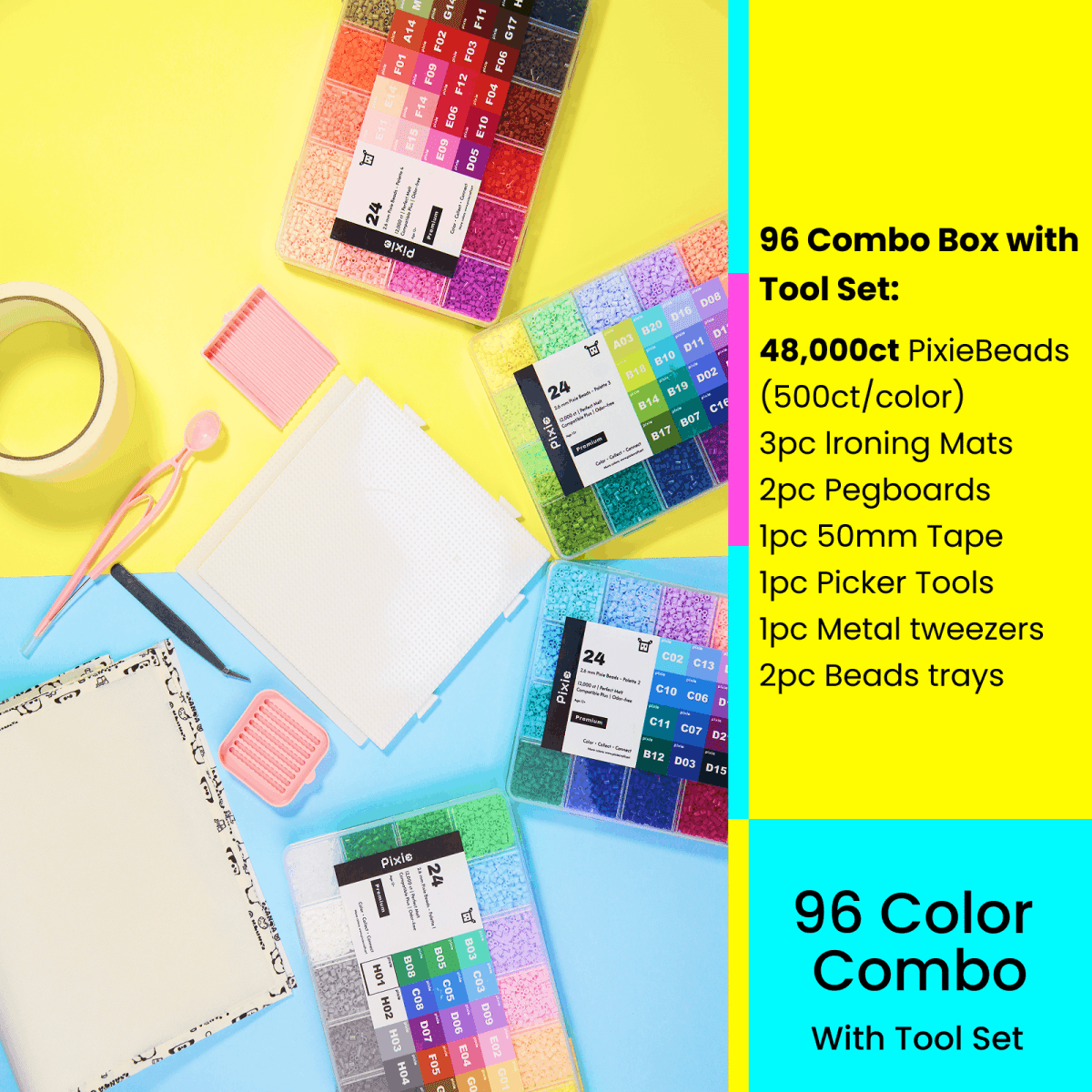 PixieBeads 96 Color All - in - One Kit - 48,000ct 2.6mm Mini Fuse Beads with Iron & Tools | Complete PixieBeads Kit for Beginners & Adults - PixieCraft