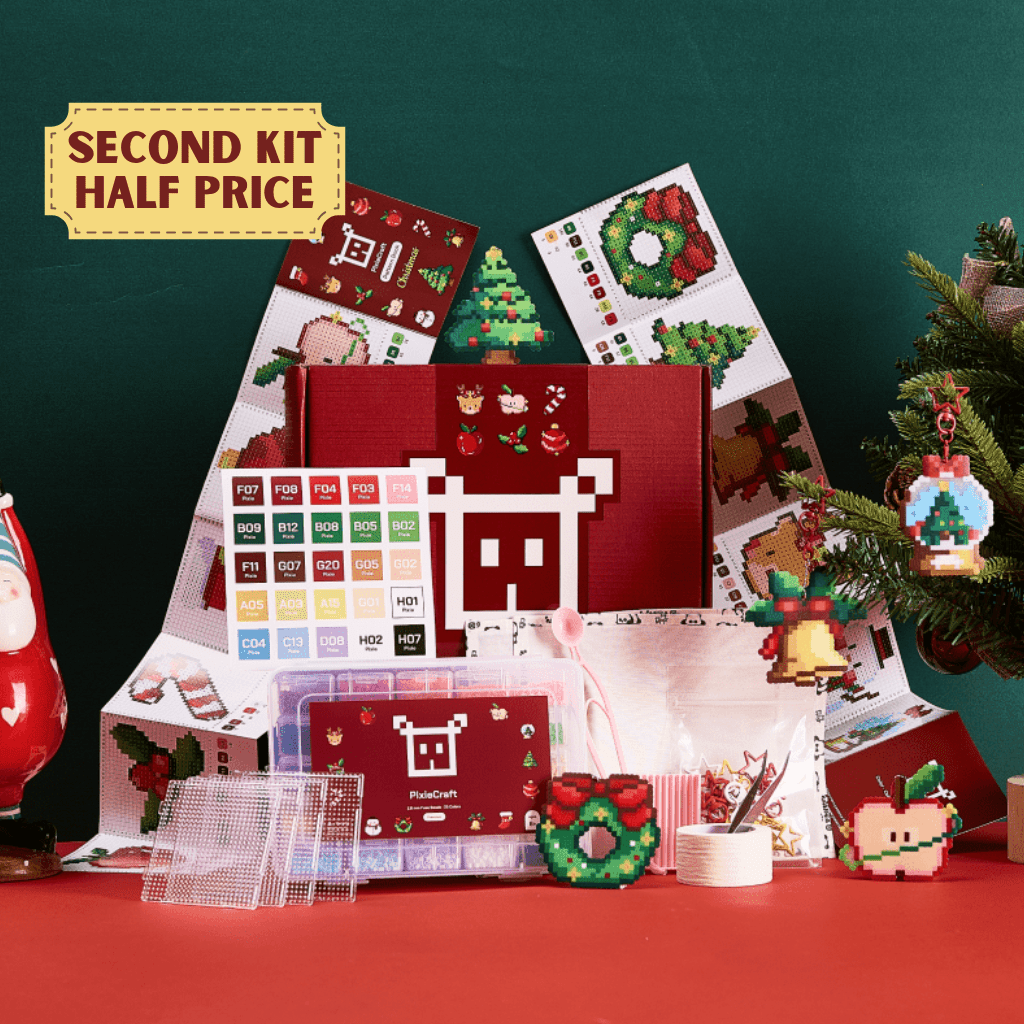 PixieBeads Christmas Gift Box with tools (12 Original Designs) | 25 Colors | 10,000 ct 2.6mm Premium Fuse Beads - PixieCraft