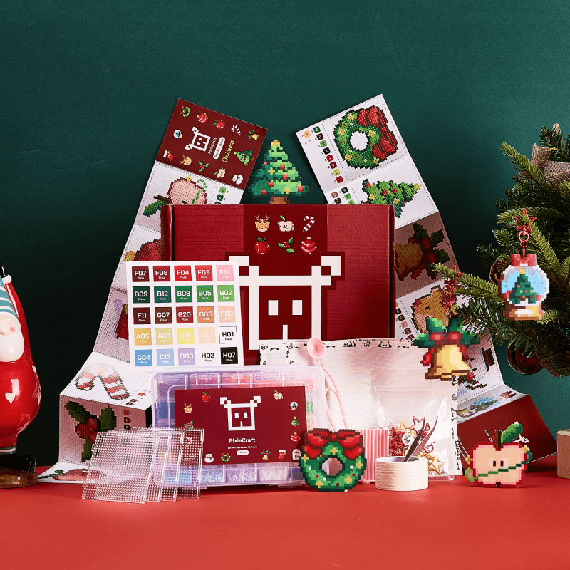 PixieBeads Christmas Gift Box with tools (12 Original Designs) | 25 Colors | 10,000 ct 2.6mm Premium Fuse Beads - PixieCraft