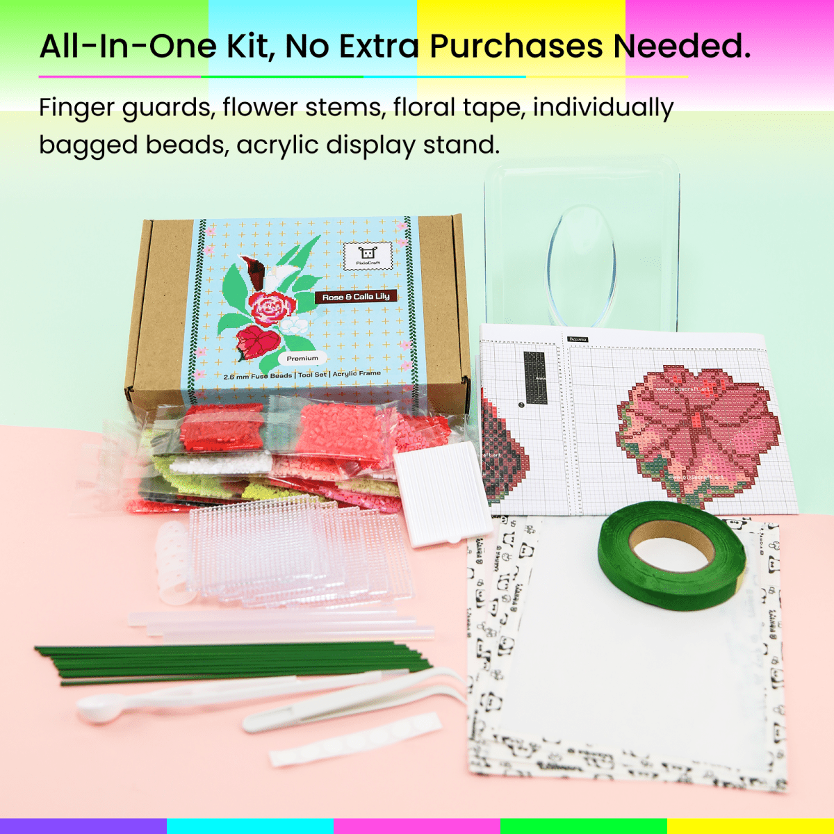 PixieBeads Floral Craft Kit: Rose & Calla Lily - 2.6mm Mini Fuse Beads DIY Flower Art Kit | Melty Beads Craft for Adults - PixieCraft