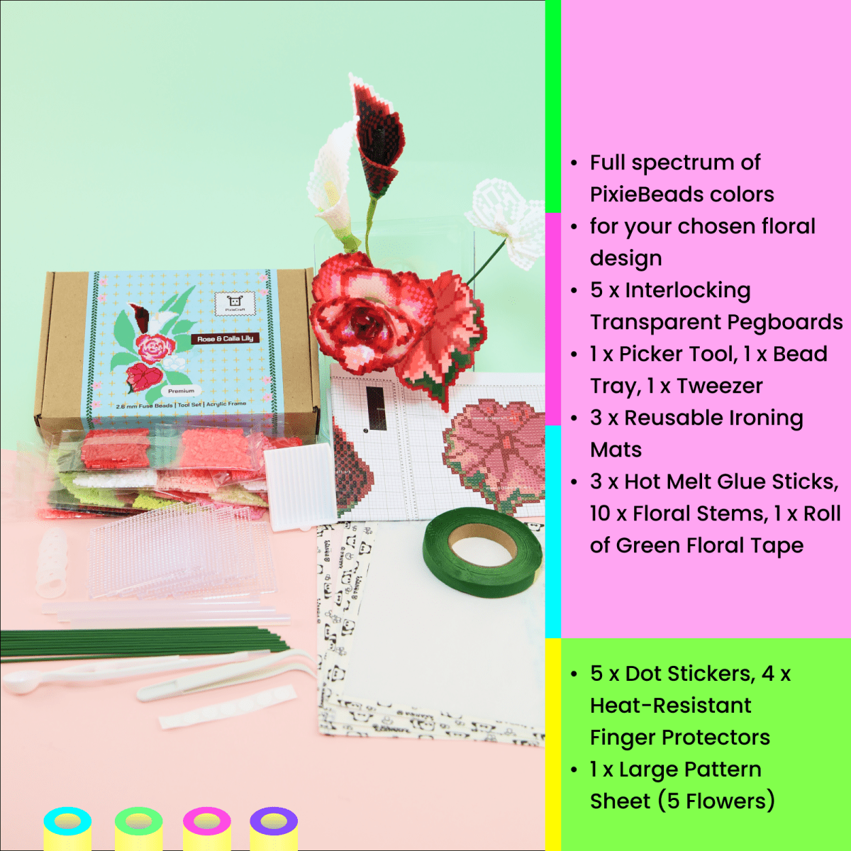 PixieBeads Floral Craft Kit: Rose & Calla Lily - 2.6mm Mini Fuse Beads DIY Flower Art Kit | Melty Beads Craft for Adults - PixieCraft