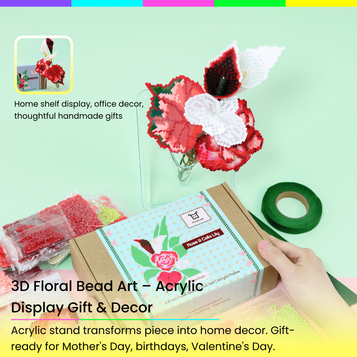 PixieBeads Floral Craft Kit: Rose & Calla Lily - 2.6mm Mini Fuse Beads DIY Flower Art Kit | Melty Beads Craft for Adults - PixieCraft