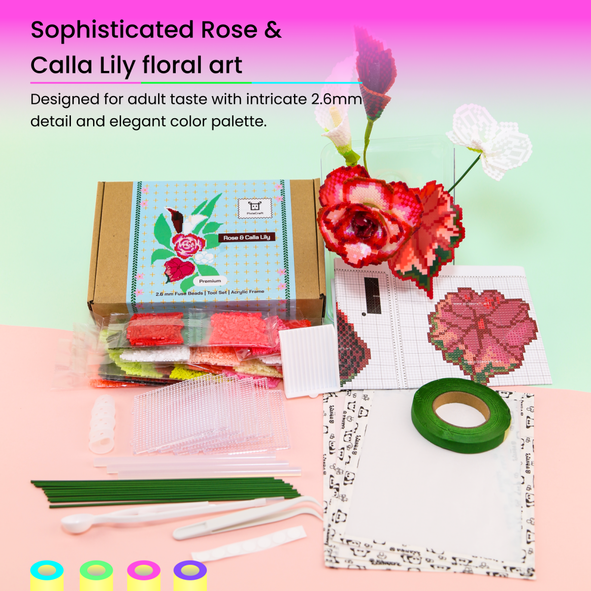 PixieBeads Floral Craft Kit: Rose & Calla Lily - 2.6mm Mini Fuse Beads DIY Flower Art Kit | Melty Beads Craft for Adults - PixieCraft