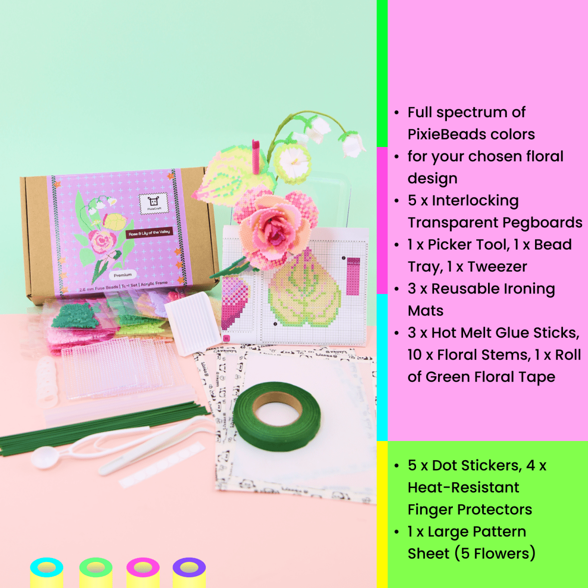 PixieBeads Floral Craft Kit: Rose & Lily of the Valley - 2.6mm Mini Fuse Beads DIY Flower Art Kit | Iron Beads Craft for Adults - PixieCraft