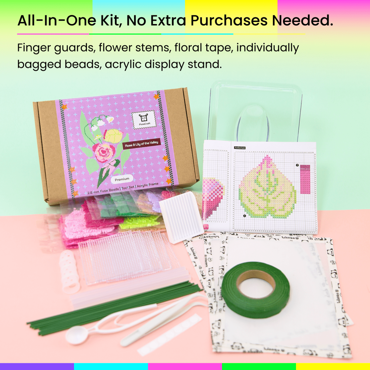 PixieBeads Floral Craft Kit: Rose & Lily of the Valley - 2.6mm Mini Fuse Beads DIY Flower Art Kit | Iron Beads Craft for Adults - PixieCraft