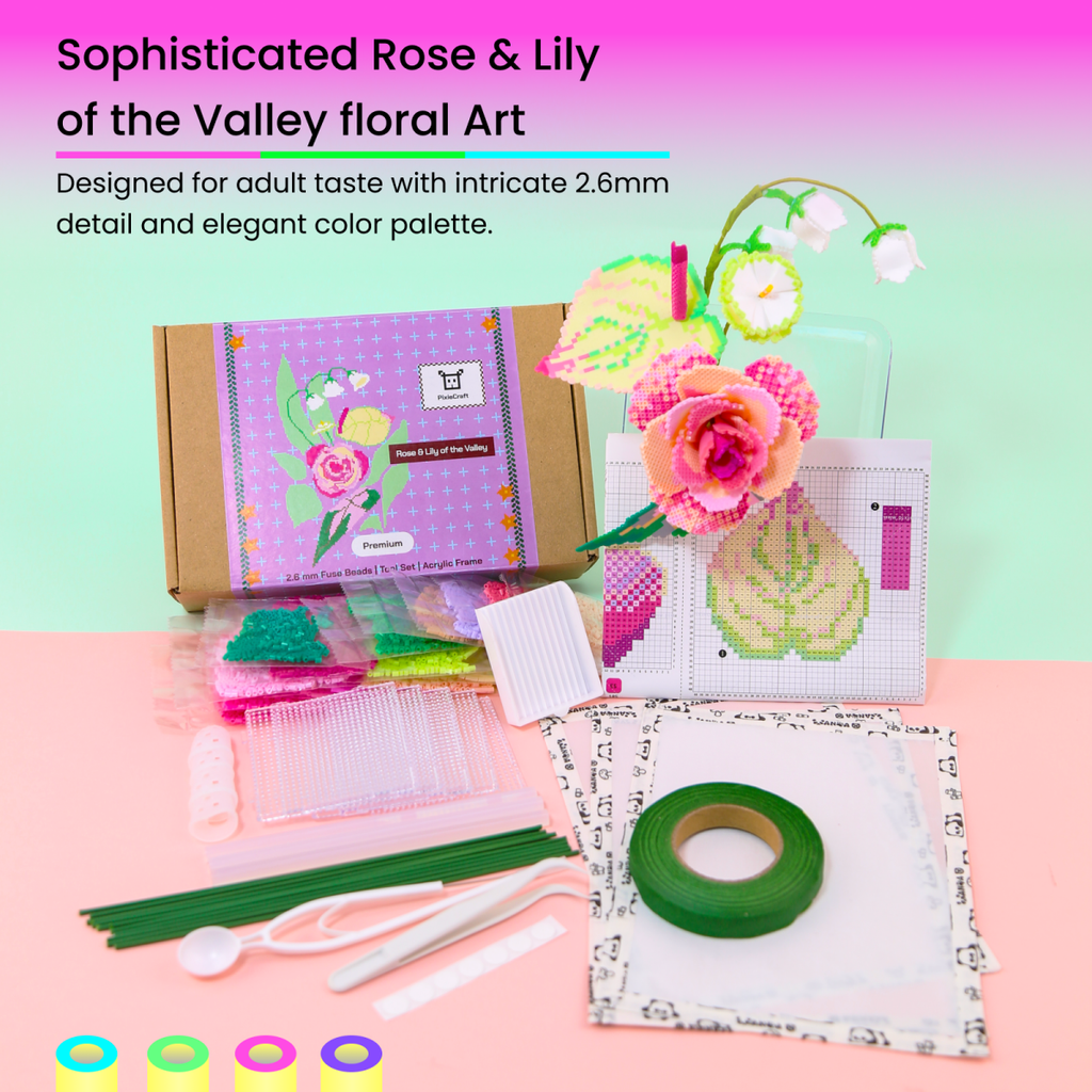 PixieBeads Floral Craft Kit: Rose & Lily of the Valley - 2.6mm Mini Fuse Beads DIY Flower Art Kit | Iron Beads Craft for Adults - PixieCraft