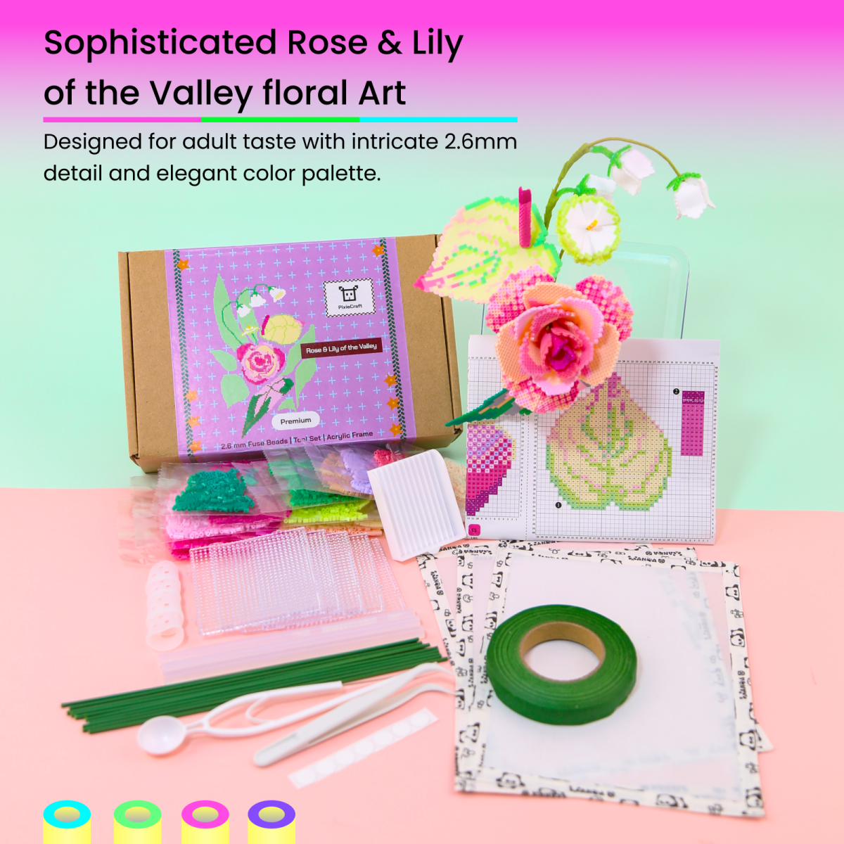 PixieBeads Floral Craft Kit: Rose & Lily of the Valley - 2.6mm Mini Fuse Beads DIY Flower Art Kit | Iron Beads Craft for Adults - PixieCraft