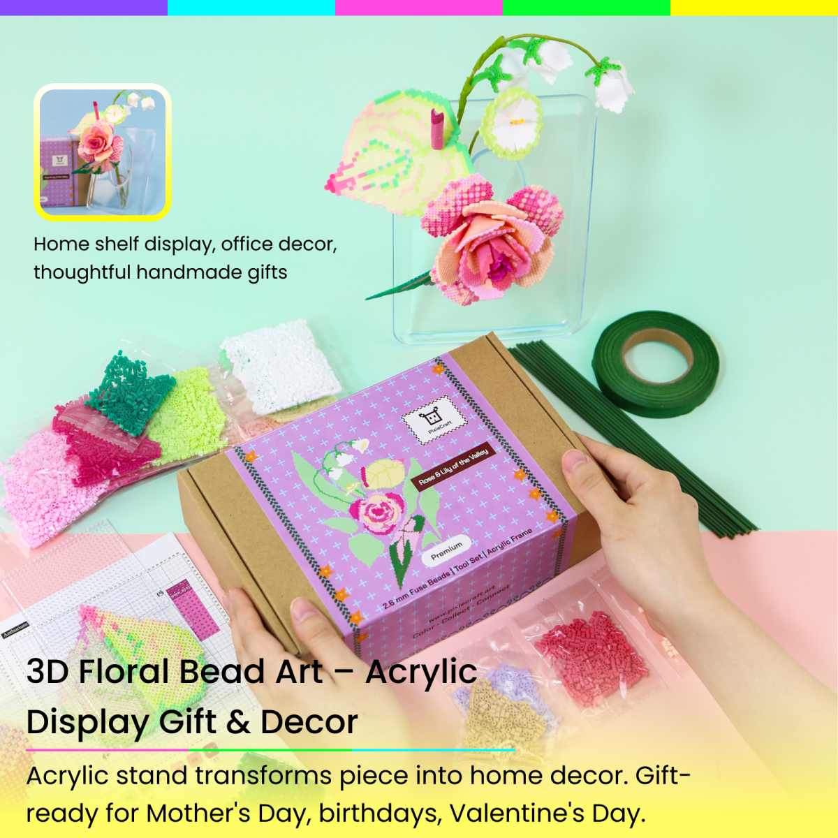 PixieBeads Floral Craft Kit: Rose & Lily of the Valley - 2.6mm Mini Fuse Beads DIY Flower Art Kit | Iron Beads Craft for Adults - PixieCraft