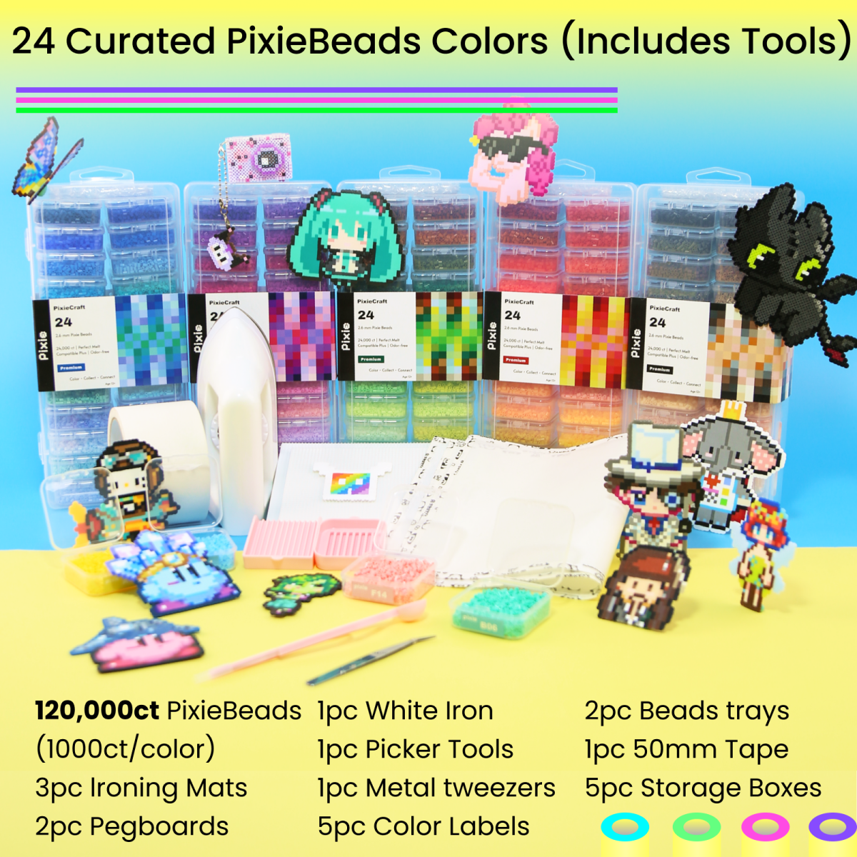 PixieCraft 120,000 pcs 2.6mm Fuse Beads Kit, 120 Colors PixieBeads 131 pcs Ultimate Visionary Set with Storage, Pegboards, Iron, Tweezers, Trays, Bead Pen, Mats, Pixel Art Craft Kits for Adults, Teens - PixieCraft