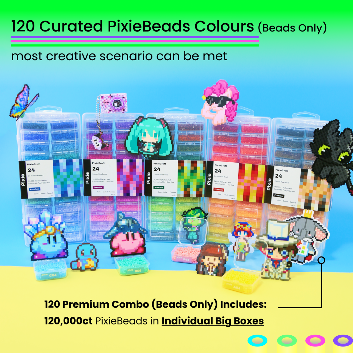 PixieCraft 120,000 pcs 2.6mm Fuse Beads Kit with Storage Box, 120 Colors PixieBeads with Color Label, Mini Fuse Beads Bulk, DIY Crafts Supplies for Adult, Ideal Gift, Pixel Art - PixieCraft