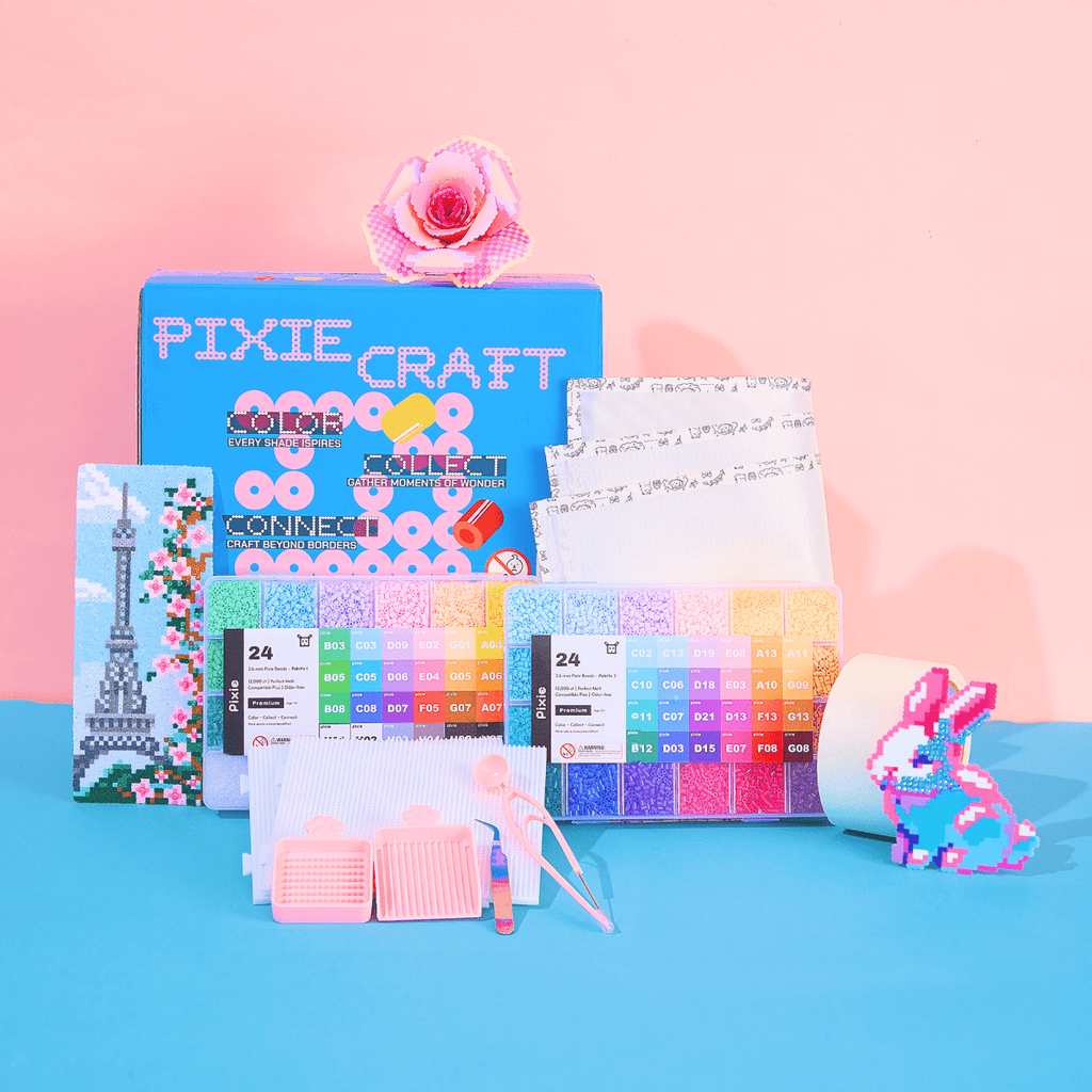 PixieCraft 24000 pcs 2.6mm Fuse Beads Kit, 48 Colors PixieBeads 58 pcs Set with Pegboards, Bead Tweezers, Beads Trays, Bead Pen, Ironing Mats, Pixel Art Craft Kits for Adults, Teens - PixieCraft