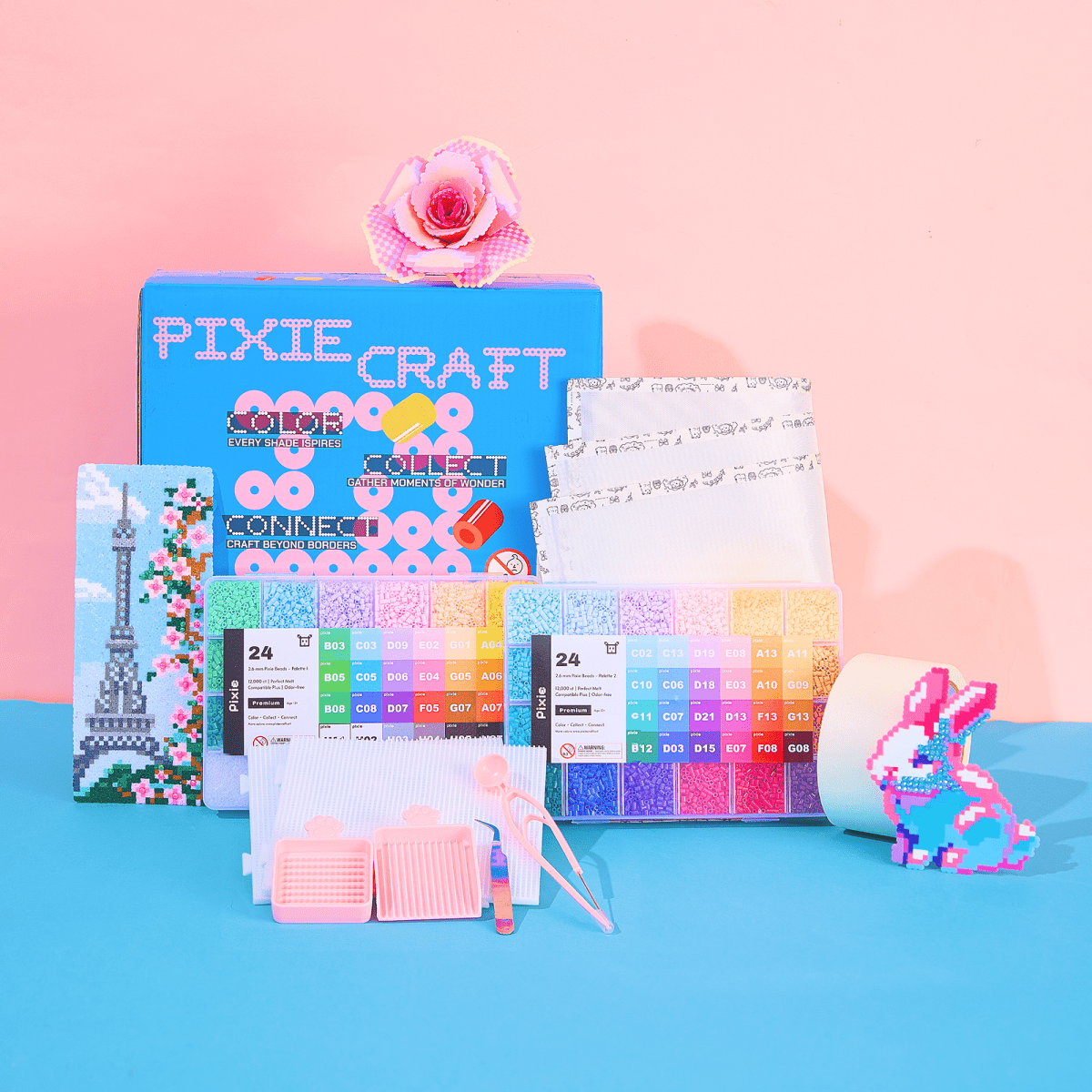 PixieCraft 24000 pcs 2.6mm Fuse Beads Kit, 48 Colors PixieBeads 58 pcs Set with Pegboards, Bead Tweezers, Beads Trays, Bead Pen, Ironing Mats, Pixel Art Craft Kits for Adults, Teens - PixieCraft
