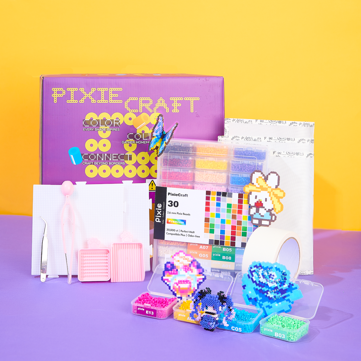 PixieCraft 30,000 pcs 2.6mm Fuse Beads Kit, 30 Colors PixieBeads 40 pcs Full Set with Storage Box, Pegboards, Tweezers, Trays, Bead Pen, Ironing Mats, Pixel Art Craft Kits for Adults, Teens - PixieCraft