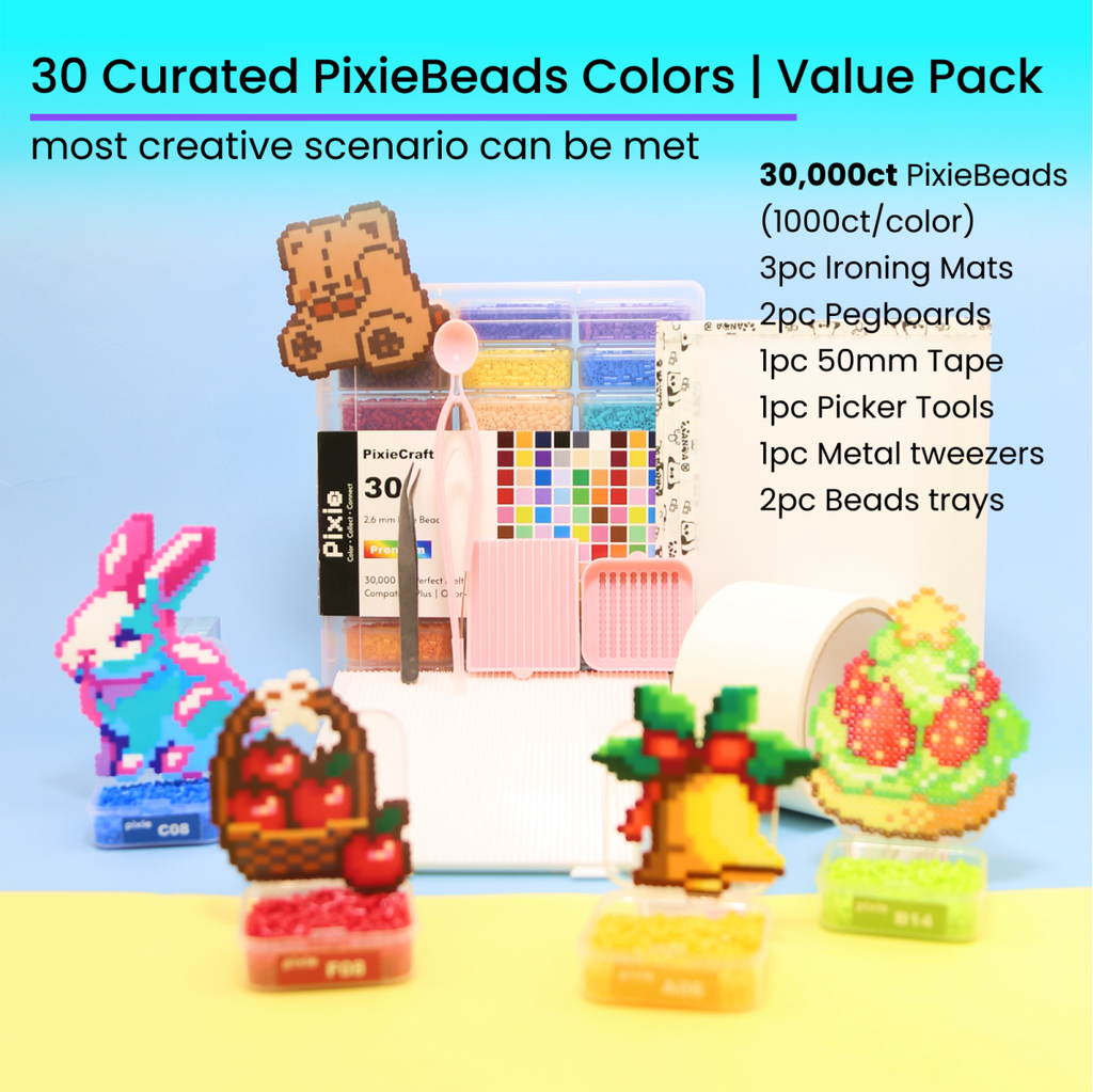 PixieCraft 30,000 pcs 2.6mm Fuse Beads Kit, 30 Colors PixieBeads 40 pcs Full Set with Storage Box, Pegboards, Tweezers, Trays, Bead Pen, Ironing Mats, Pixel Art Craft Kits for Adults, Teens - PixieCraft