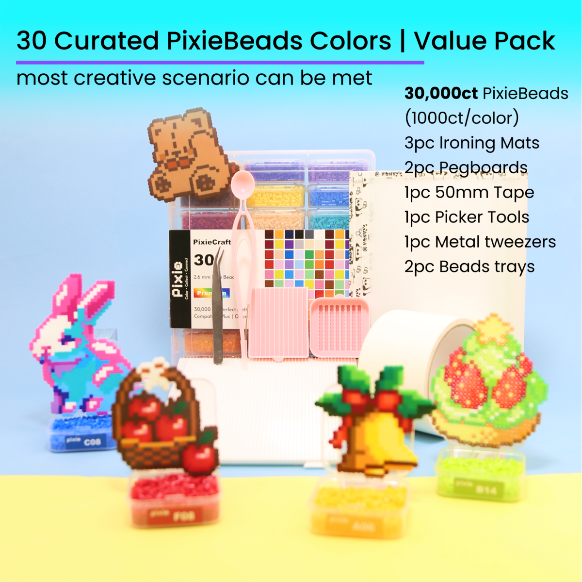 PixieCraft 30,000 pcs 2.6mm Fuse Beads Kit, 30 Colors PixieBeads 40 pcs Full Set with Storage Box, Pegboards, Tweezers, Trays, Bead Pen, Ironing Mats, Pixel Art Craft Kits for Adults, Teens - PixieCraft